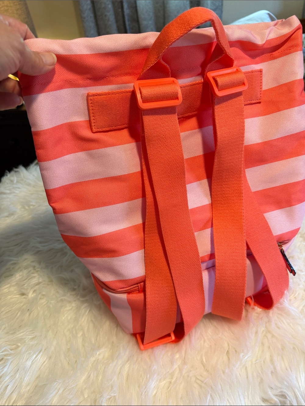Victoria's Secret Coral & Light Pink Striped Tote/Backpack with cold storage.